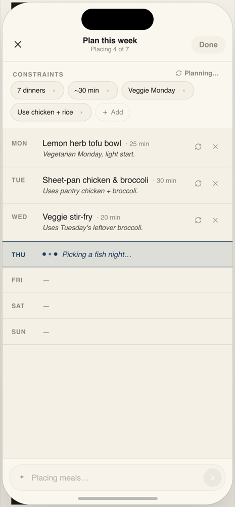 Mise planning view with meals streaming onto days and a rationale line on each