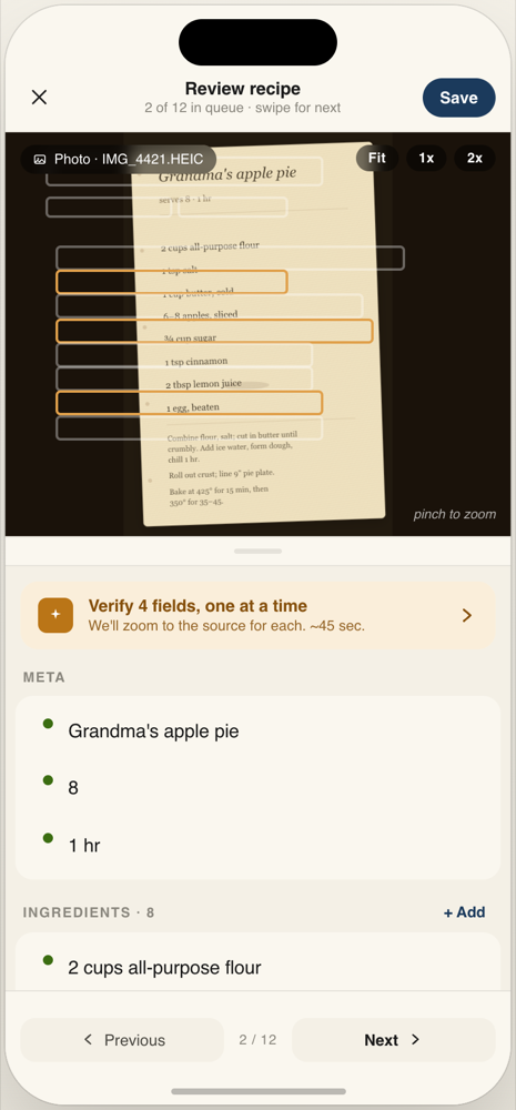 Mise recipe review with source pane on top and editable fields below