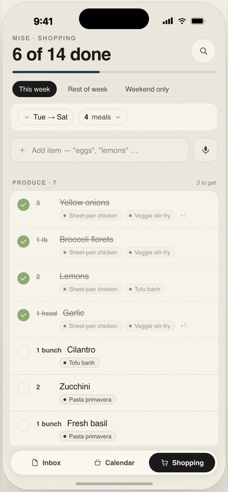 Mise shopping list grouped by aisle with recipe attribution chips