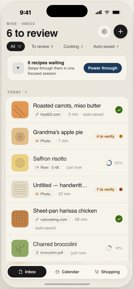 Mise inbox with a freshly captured recipe processing