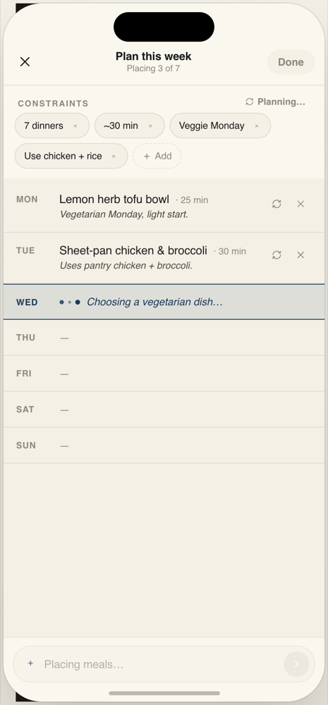 Mise planning view filling in the week with reasons